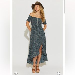 Francesca’s Norah Navy Ditsy Floral Off The Shoulder Maxi Dress